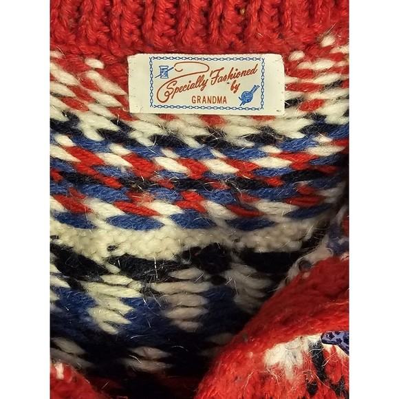 Hand Knit Toddler Sweater Wool Blend Fair Isle Red Crew Neck Unisex Cardigan - Picture 13 of 13